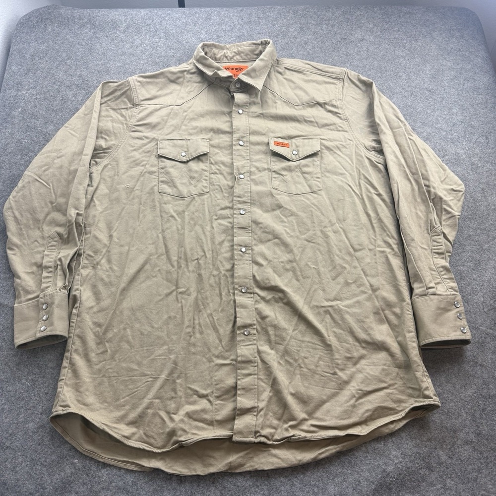 Wrangler FR Pearl Snap Shirt Mens 3XL Tall Beige Workwear Flame Resistant CAT 2